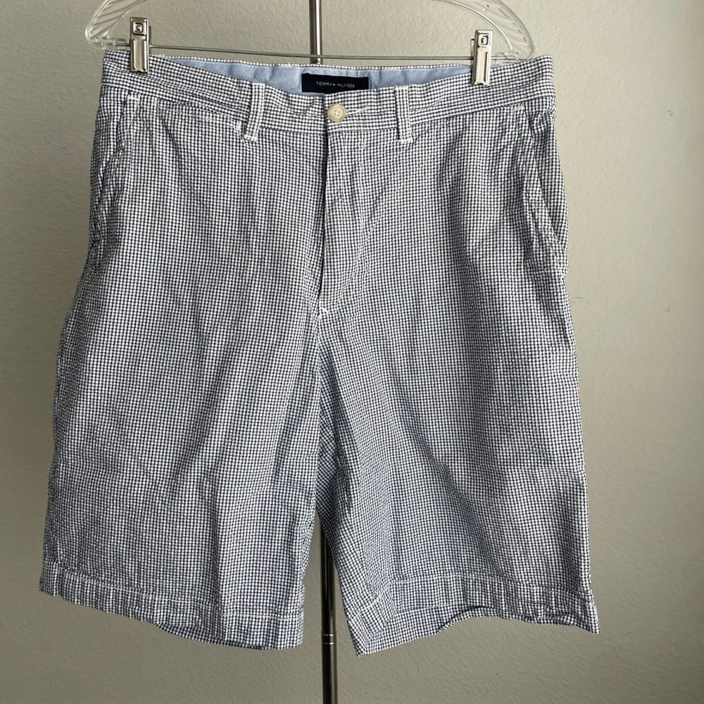 Tommy Hilfiger Men's 33 Blue Plaid Chino Shorts‎ Flat Front Summer Casual Preppy